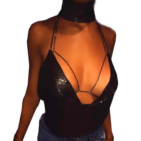 buy feitong sexy crop top halter handmade shiny rhinestones backless summer