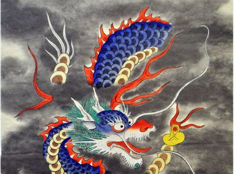 Blue Dragon Korea Traditional Folk Style Water Painting T Etsy