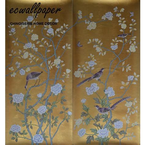 Chinoiserie Panles Hand Painted Wallpaper On Gold Metallic Accept