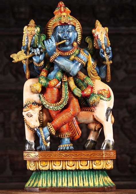 SOLD Blue Krishna Wearing Garlands with Cow 24