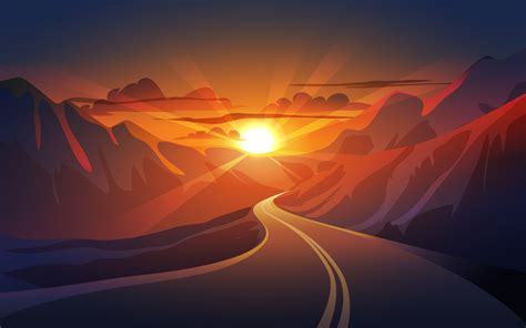 Sunset In Mountains With Road Toward The Sunset Nature Background