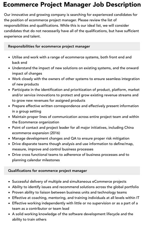 Ecommerce Project Manager Job Description  Velvet Jobs
