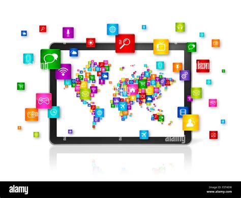 3d World Map Made Of Icons On Tablet Pc Cloud Computing Concept Stock