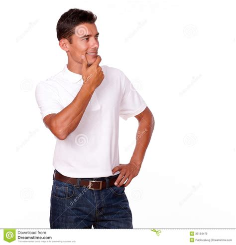 Pensive Handsome Guy In White T Shirt Smiling Stock Image Image Of