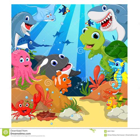 Funny Sea Animals Cartoon Set Stock Illustration Image
