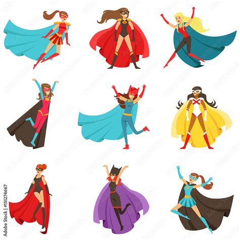 Female Superheroes In Classic Comics Costumes With Capes Set Of Smiling