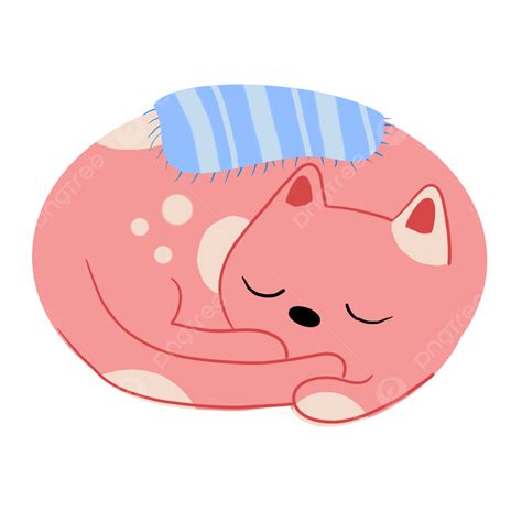Cute Pink Cat Sleeping With The Blue Blanket In Hand Drawn Style Cats