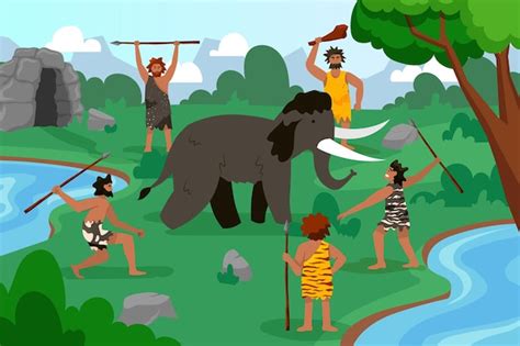 Premium Vector Stone Age People Hunting Mammoth Primitive Man And