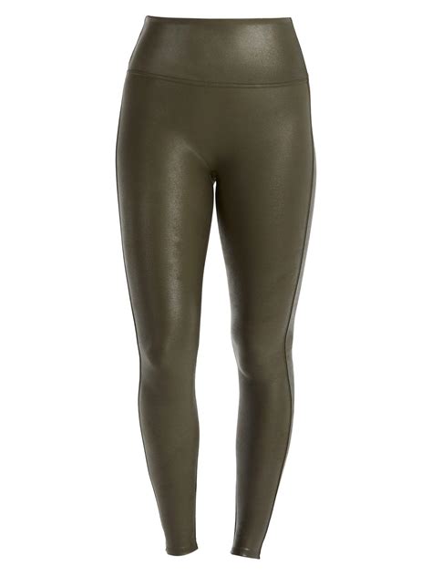 spanx synthetic faux leather shaping leggings in deep olive green lyst