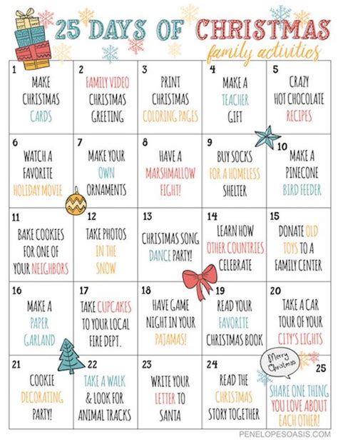 25 Days Of Christmas Advent Activities Calendar Printable Christmas