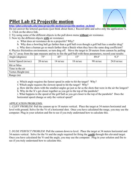 Terms like velocity and acceleration, gravity, inertia, and friction gain new meaning. Projectile Motion Simulation Worksheet Answer Key | db ...