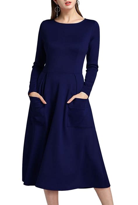 Ecolivzit Women’s Long Sleeve Dress Solid Midi Casual Cocktail Work Swing Dresses With Pockets
