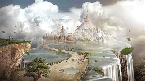 Hd Wallpaper Dreamy World Fantasy Castle Waterfalls Clouds Fantasy