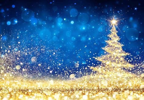 Shiny Christmas Tree Golden Dust Glittering In The Blue Background B