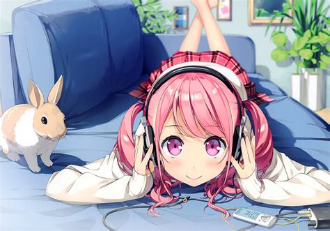 Hình nền hình minh họa tóc dài Anime cô gái hoạt hình váy Tóc hồng tai nghe Twintails