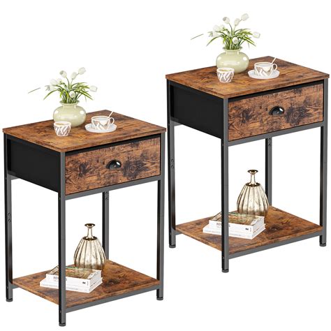 Vecelo Set Of 2 Nightstand With Drawer And Open Storage Shelves