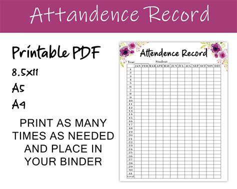 Homeschool Attendance Record Printable Attendance Record Etsy