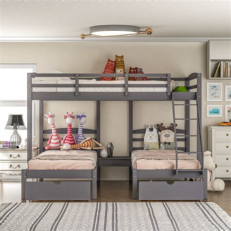 Veryke Full Over Twin And Twin Triple Bunk Bed With Drawers Gray