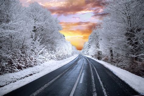 Snowy Winter Sunset Landscape Into The Sunset Image Free