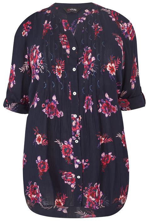 Navy And Pink Floral Pintuck Longline Blouse With Beading Detail Plus