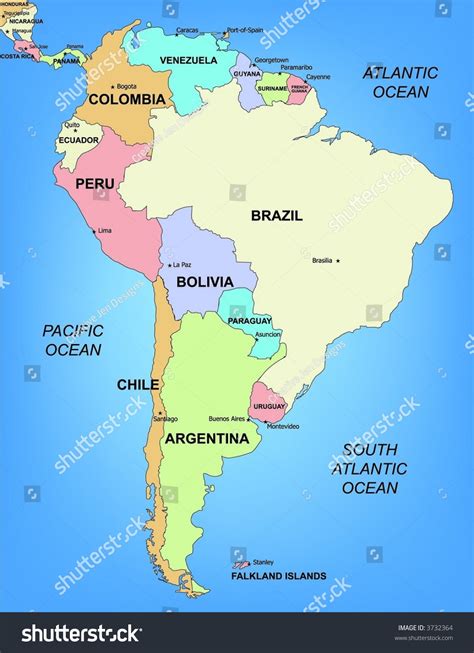 Illustrated Political Map South America Stock Illustration