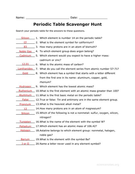 In the table, the elements are placed in the order of their atomic numbers starting with the lowest number of one, hydrogen. Answer key to the Periodic Table Scavenger Hunt Worksheet. Related | Teaching chemistry ...