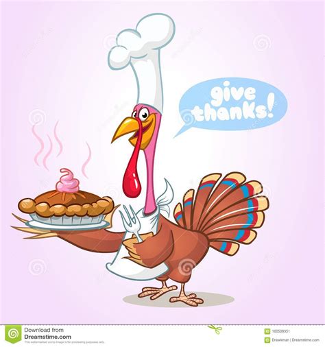 Thanksgiving Funny Cartoon Turkey Cook Serving Pumpkin Pie And Holding