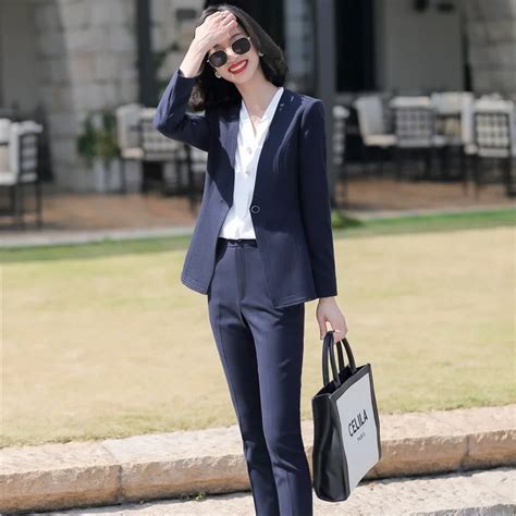 Formal Ladies Navy Blue Blazer Women Business Suits With Pant And