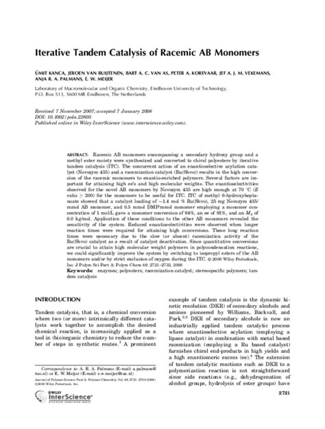 (PDF) Iterative tandem catalysis of racemic AB monomers | Anja Palmans and Ü. Kanca - Academia.edu