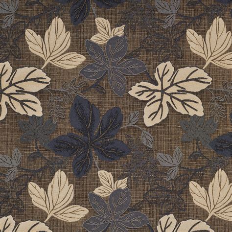 Slate Brown And Beige Leaf Foliage Damask Upholstery Fabric