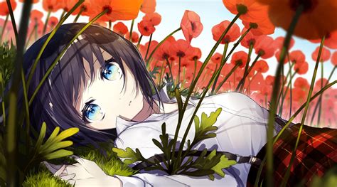 Anime Anime Girls Blue Eyes Dark Hair Flowers Red Flowers Hd Wallpaper