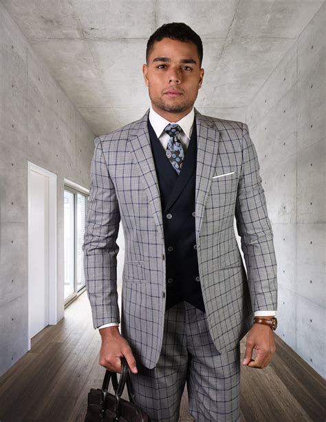 Statement Ortiva Grey Plaid 3pc Suit With Double Breasted Vest 100