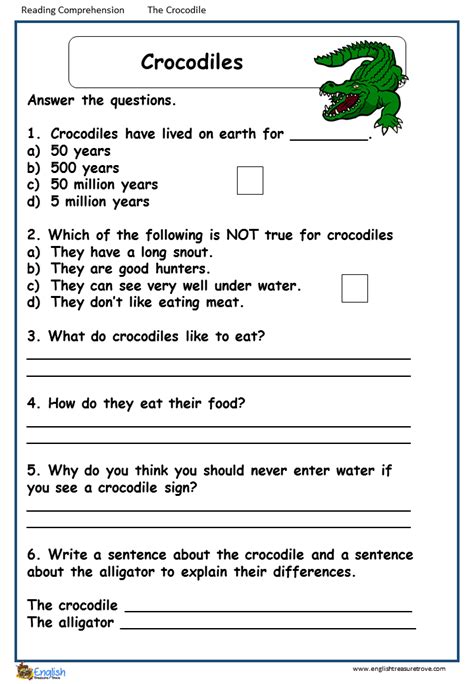 Crocodiles English Comprehension Worksheet English Treasure Trove