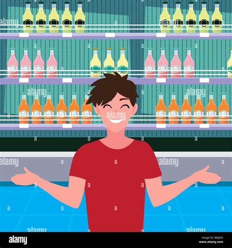 Seller Supermarket Refrigerator With Bottle Juices Vector Illustration
