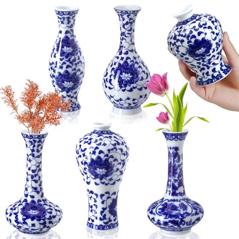Set Of 6 Small Blue And White Porcelain Vases Blue Chinoiserie Decor