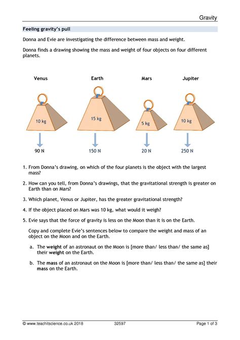 Gravity Worksheet KS Physics Teachit