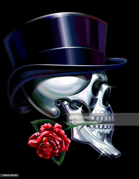 Skull With Top Hat Holding Rose Between Teeth Side View High Res Vector