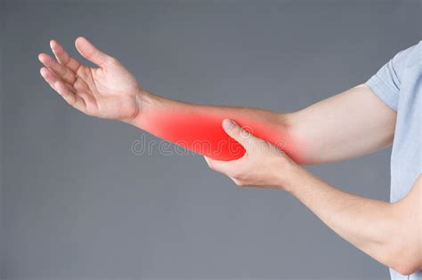 Pain In Forearm Of A Young Man A Red Spot At The Site Of Inflammation