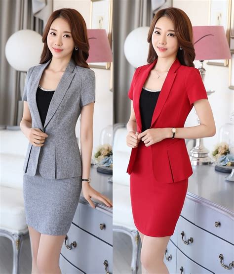 Summer Formal Gray Red Blazer Women Business Suits With Skirt And
