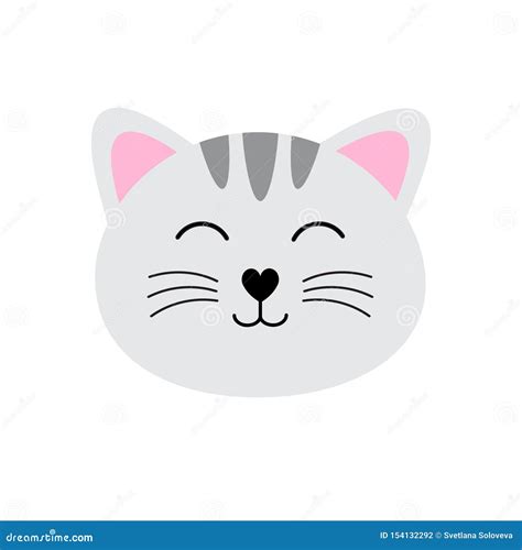 Vector Flat Cartoon Kawaii Gray Cat Kitten Face Stock Vector