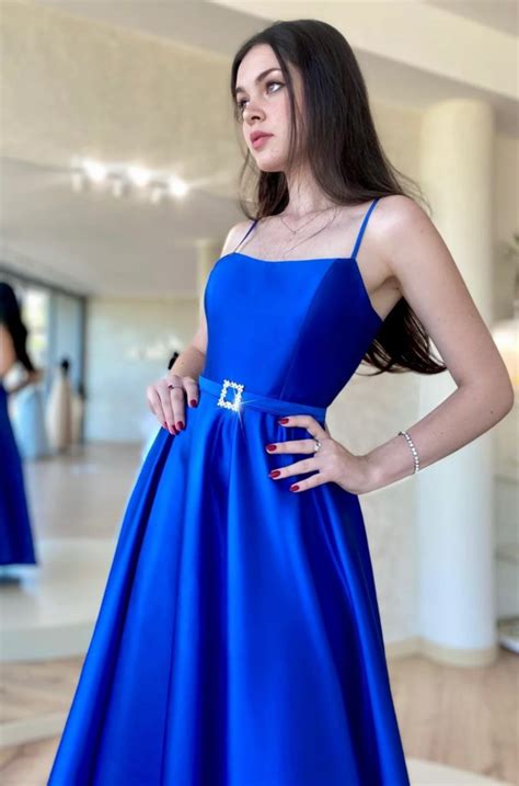 Royal Blue Satin A Line Spaghetti Straps Formal Prom Dress