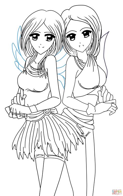 yin and yang anime twins coloring page free printable coloring pages