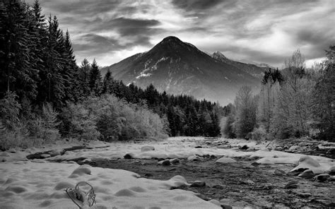 Mountains Landscape River Snow Winter Bw Rocks Stones Forest Trees Hd
