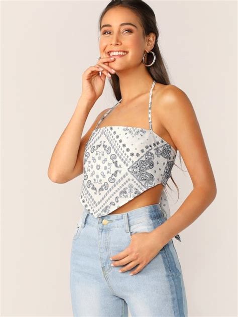 Halter Neck Bandana Print Crop Top Satin Top Outfit Fashion Inspo Outfits Top Outfits