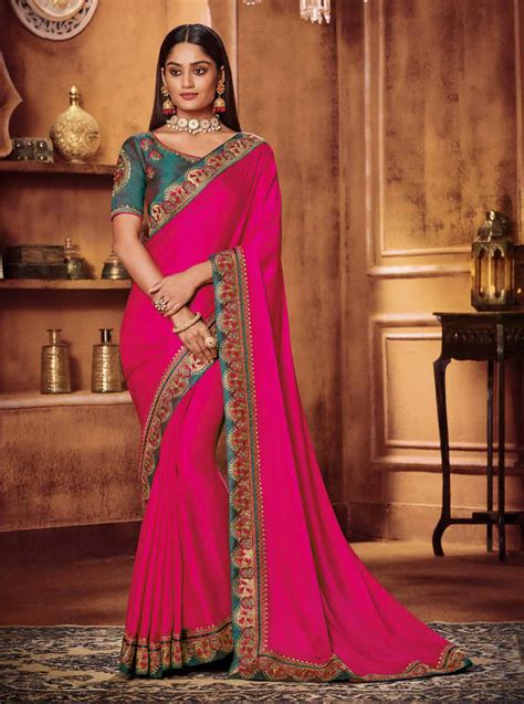 Satin Georgette Rani Pink Thread And Zari Embroidered Lace Border Saree With Embroidered Blouse