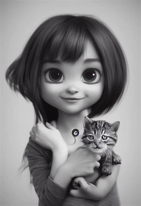 cute pixar girl with a kitten black and white midjourney openart