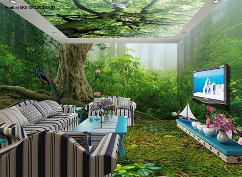 3d Forest Fog Tree Top Ceiling Entire Living Room Wallpaper Wall Mural
