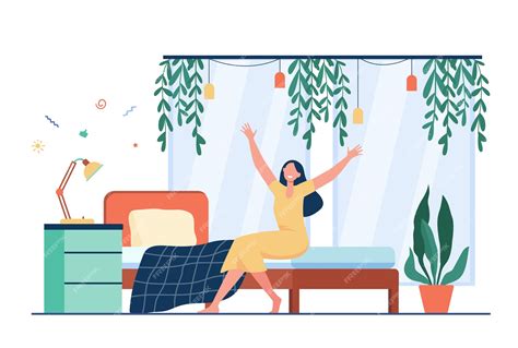 Free Vector Happy Woman Waking Up In Morning Person Sitting On Bed And Stretching Arms