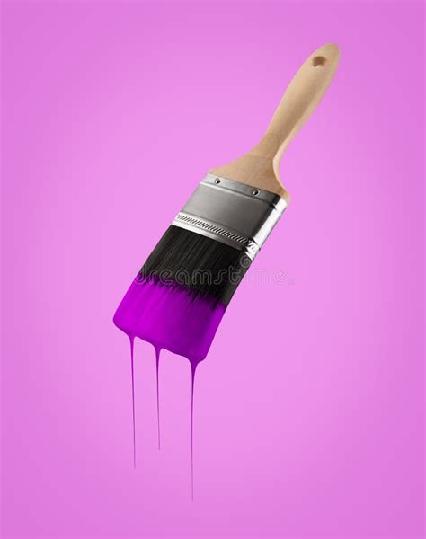 Paintbrush Loaded With Purple Color Dripping Off The Bristles Stock