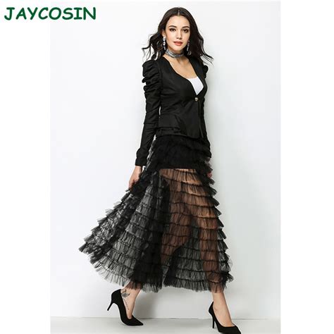 Jaycosin Clothes Women Sexy Black Hight Waist Skirts Womens Fashion Lace Hollow Pleated Maxi